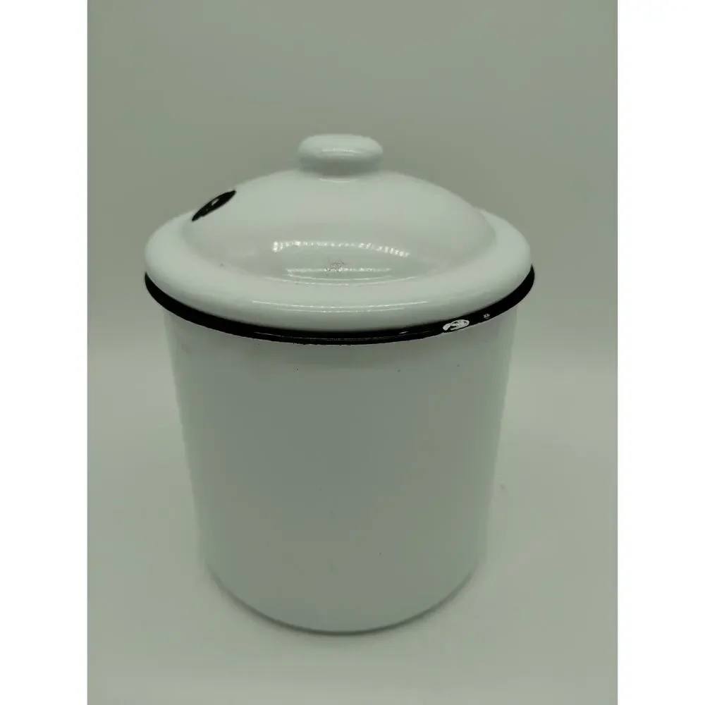 Vintage Looking White Enamel Bean Pot with Lid Farmhouse - Picture 3 of 9
